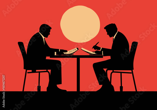 Two business men sitting across table writing on documents with large sun in background minimalist flat vector illustration