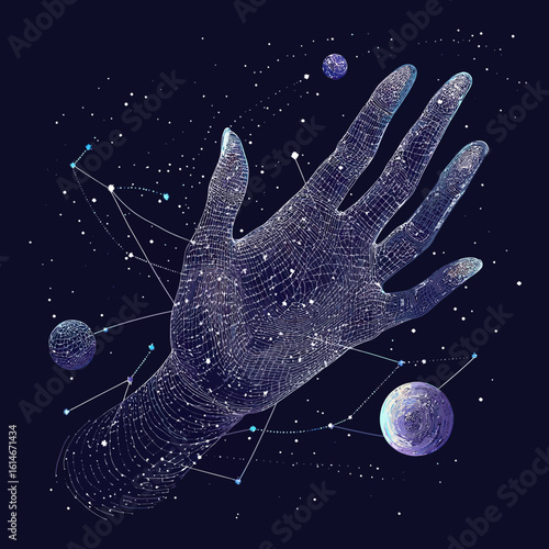 Abstract wireframe hand with star constellation and planets in space, cosmic digital illustration of universe and galaxy connections in futuristic style