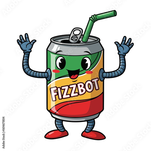 A cartoon soda can with robotic arms and legs smiling and waving on a white background drink beverage
