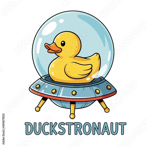 Yellow rubber duck inside a transparent dome on a flying saucer with text UFO Spaceship Astronaut Space