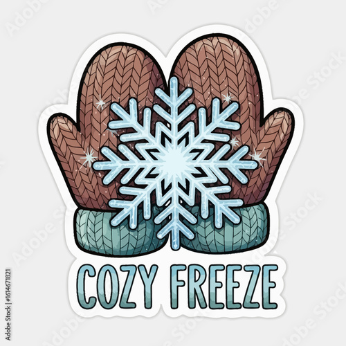 Pair of knitted mittens holding a bright blue snowflake with sparkling accents Snowflakes Winter Cold