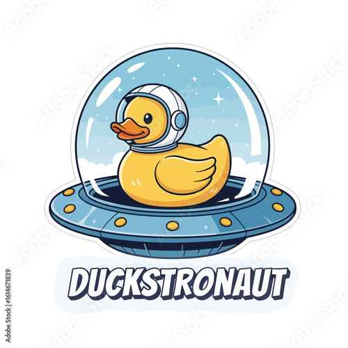 A whimsical yellow duck wearing an astronaut helmet sits inside a UFO on a white background space cartoon