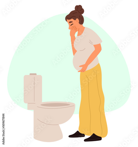 Young pregnant woman standing in front of toilet with nausea or vomiting. Pregnancy symptom. Belly female with morning toxicosis. Discomfort syndrome. Indigestion reflux. Vector concept