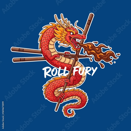 Red dragon with chopsticks holding food with sauce spitting fire on a blue background Oriental Mythical