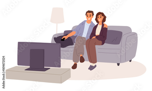 Young couple watching TV movie. Man and woman sitting on couch in apartment. People at television. Home entertainment. Wife and husband comfortable leisure. Video film. Vector concept