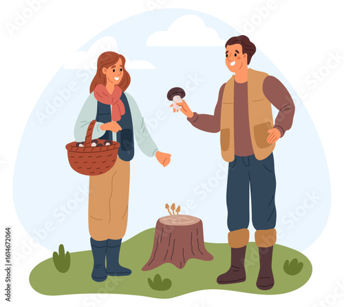 Young couple picking mushrooms and put them in bag. Man and woman collecting edible boletus in forest. People walk in nature. Basket for fungus. Outdoor leisure hobby. Vector concept