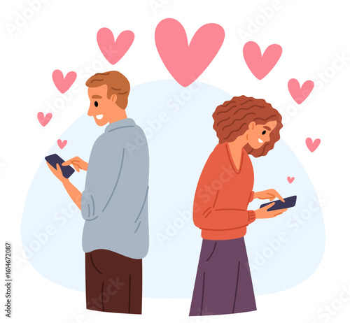 Young couple having affair on phone. Guy and girl communication. Romantic dating. Smartphone connection. Love hearts. Amour digital message. Lover SMS. Passion relationship. Vector concept