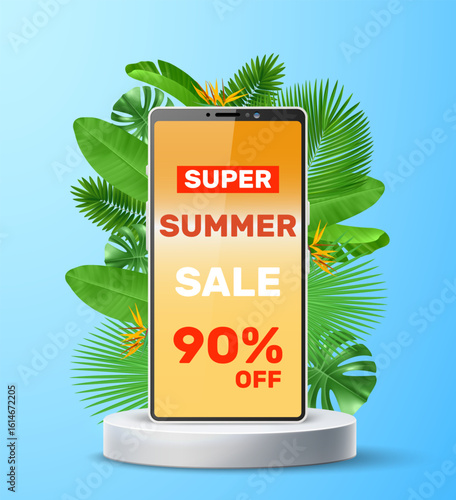 Realistic summer sale catwalk banner with smartphone and tropical leaves. Phone on pedestal. Jungle foliage. Electronic devices promotion flyer design. Vector discount offer background.