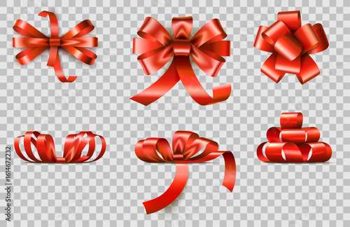 Realistic red satin ribbons for decorating gifts. Holiday box tying. Birthday anniversary party present wrap. Silk knots top and side views. Xmas glossy stripes. Vector 3D objects set