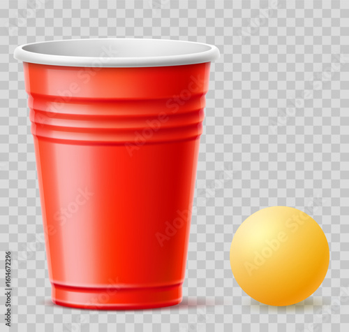 Realistic red plastic beer glass and yellow ball for beer pong game. Booze challenge. Party competition. Alcohol drink disposable cup. Pingpong throw aim. Bar tournament. Vector 3D object