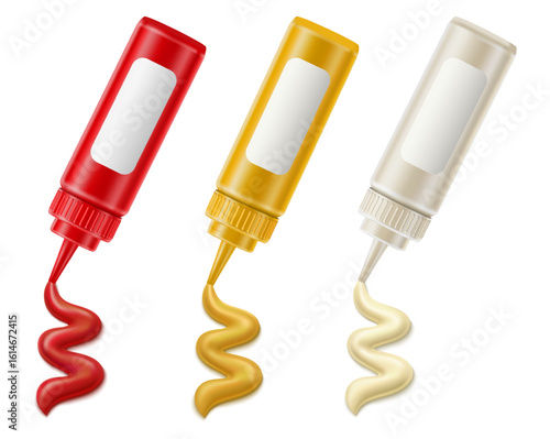 Realistic plastic bottles. Sauce squeeze. Dispensers for mayonnaise and mustard. Ketchup package with blank label. Condiment dressing taste. Food container mockup. Vector 3D objects set