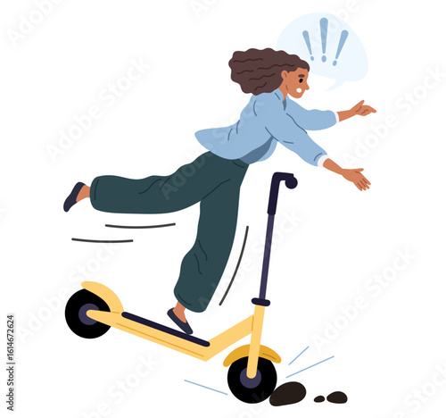 Frightened woman falls off electric scooter. Traffic accident. Drive safety for motorized electric transport. Road incident with moped crashed into stone. Bike collision. Vector concept