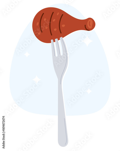 Fried chicken leg threaded on fork. Grilled poultry. Meat eating. Barbeque meat. Roasted turkey piece. Lunch cooking ingredient. Dinner serving. Kitchen product. Vector butcher concept