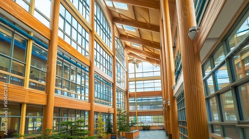 Wallpaper Mural Spacious interior with wooden beams, high windows, bright hall, plants, light, and air Torontodigital.ca