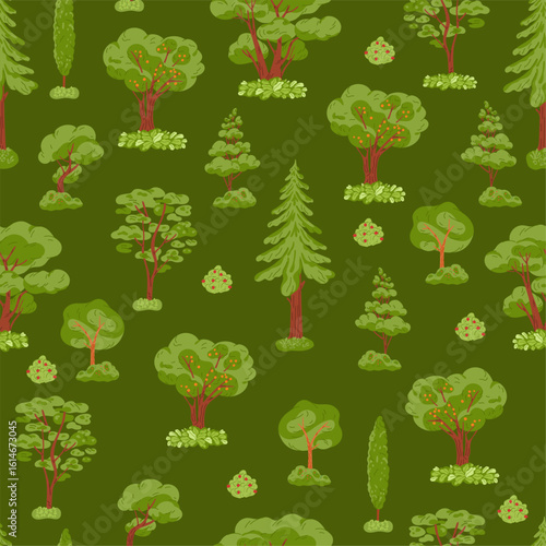 Deciduous and coniferous trees seamless pattern. Firs and shrubs in forest. Repeated print. Natural shrubbery foliage. Lush greenery. Green pines and oaks. Wild nature. Vector background