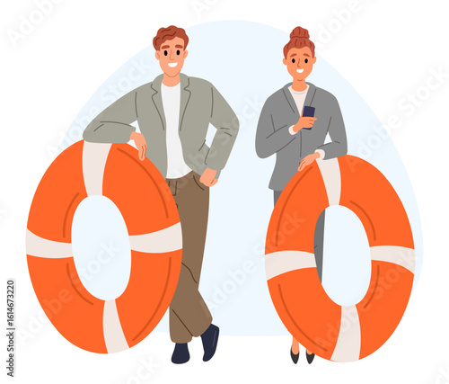 Businessman and businesswoman holding lifeline. Assistant helping customers solve problems. Business solution. Young man and woman find decision. Assistance helpdesk. Vector concept