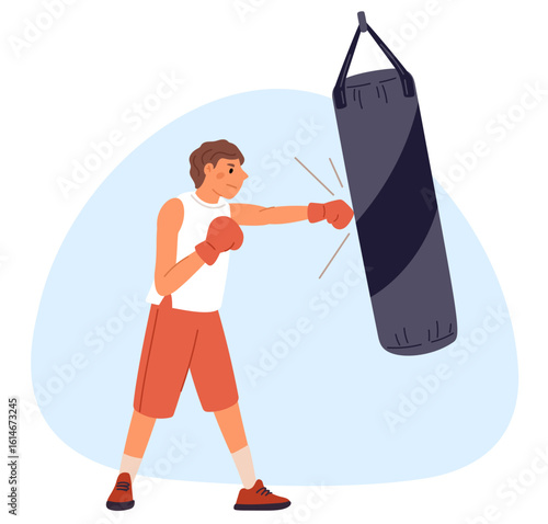 Boy boxer wearing boxing gloves hits punching bag while practicing at gym. Athletic training. Young sportsman doing fight exercise. Kickboxer knockout. Fighter strength. Vector concept