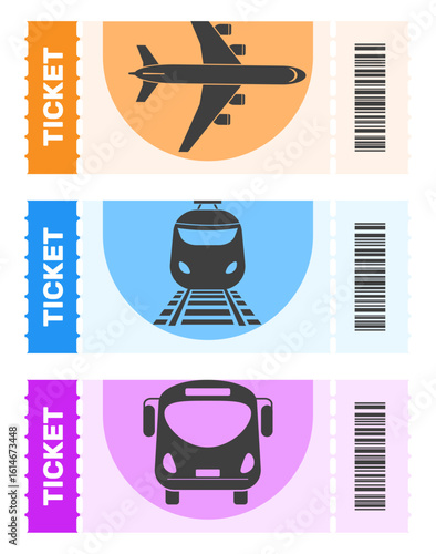 Barcoded travel tickets for transport. Airplane and train pass. Bus paper card. Airline access template. Subway and railway passenger boarding label. Vector transportation coupons set