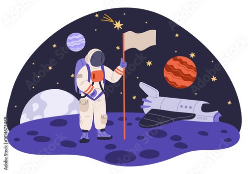 Astronaut explorer in hazmat suit on new planet. Cosmonaut with flag in hand among stars. Spacewalk explore. Astronomy science. Galaxy discovery. Universe exploration. Vector concept