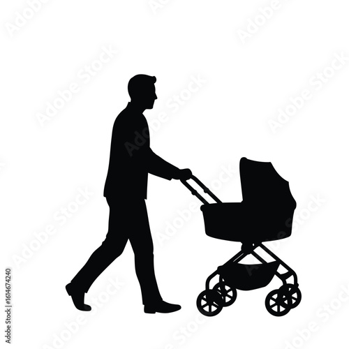Father Pushing Baby Stroller Silhouette