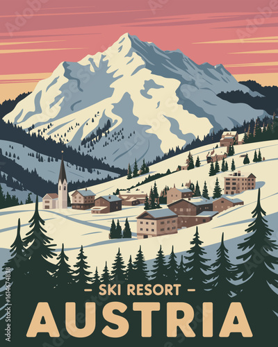 Austrian Alps Ski Resort Travel Card Poster in Retro 1950s Style Featuring Snowy Mountain Peaks, Cozy Chalets, Pine Forests, Classic Typography, Winter Ski Adventure Under Clear Blue Sky