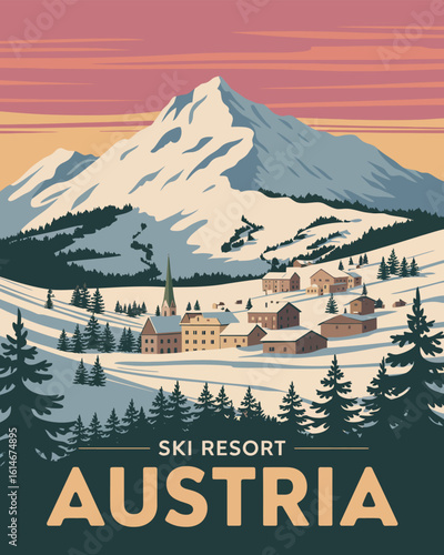 Austrian Alps Ski Resort Travel Card Poster in Retro 1950s Style Featuring Snowy Mountain Peaks, Cozy Chalets, Pine Forests, Classic Typography, Winter Ski Adventure Under Clear Blue Sky