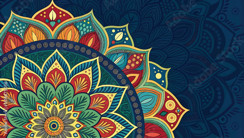 Colorful and ornate mandala art with decorative floral pattern on a blue background