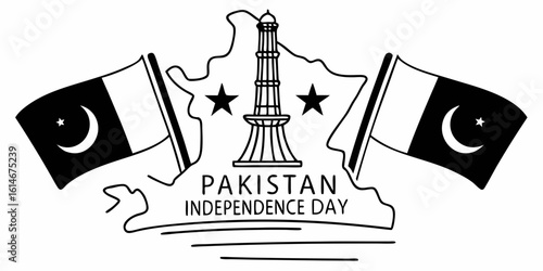 Pakistan independence day illustration with minar e pakistan and flags in black and white outline