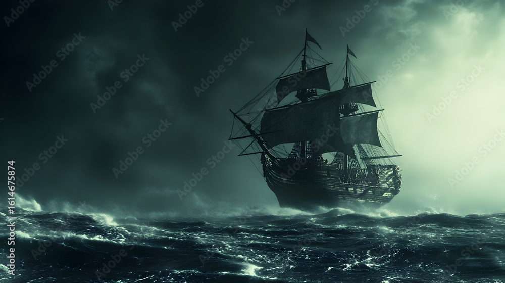 Fototapeta premium Dark ship in stormy sea