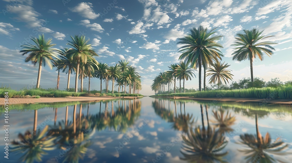 Fototapeta premium The reflection of date palm trees in a calm mirror-like pond
