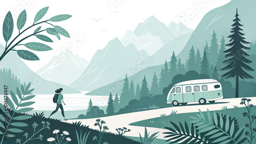 Serene mountain landscape with a hiker and a camper van on an adventure