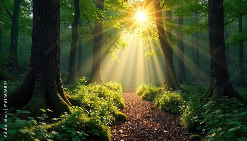 Obraz premium Sun-dappled path winds through ancient forest, sunlight filtering through leaves, creating dappled light on the mossy forest floor Tranquil, serene wilderness scene , canopy, deep woods, trail