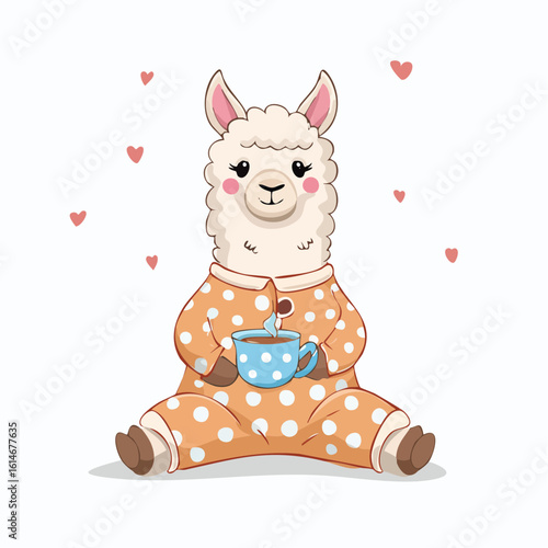 A cozy llama in polka-dot pajamas enjoys morning tea with gentle charm and whimsy.