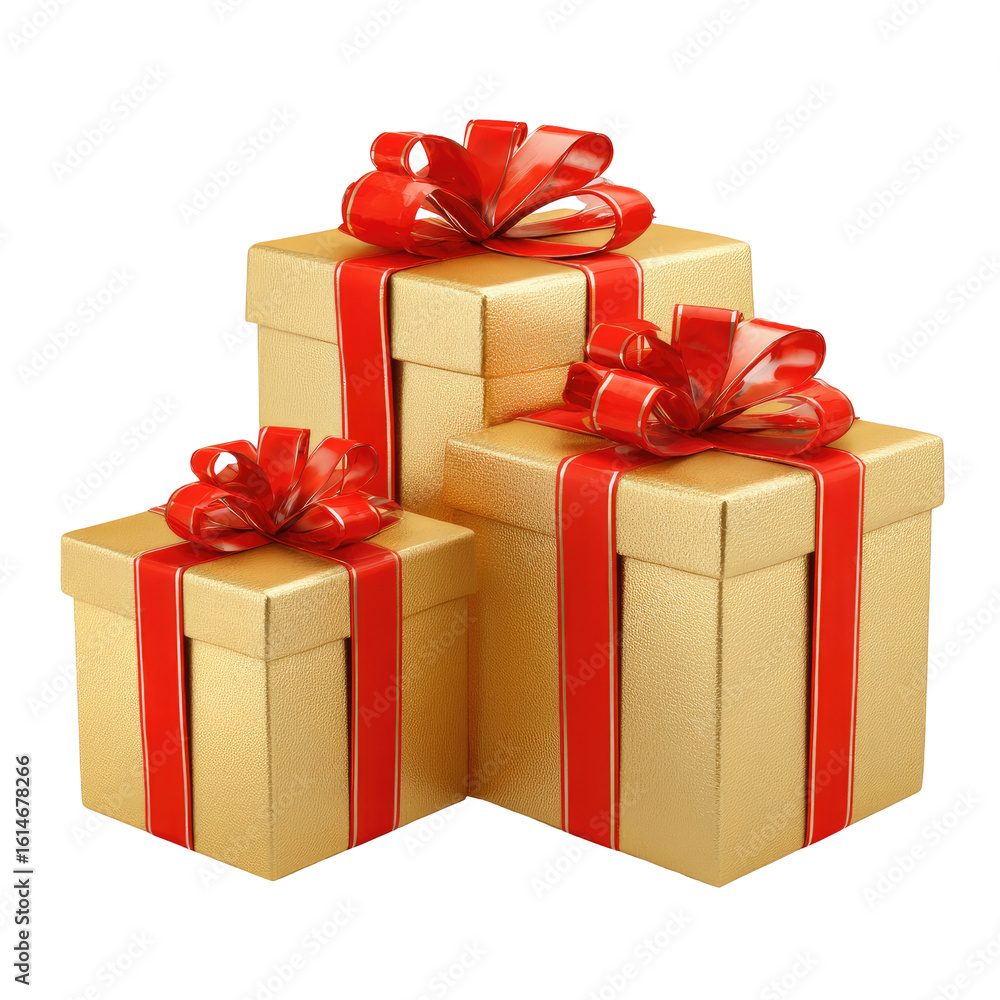 Obraz premium Three stacked golden gift boxes with red ribbons