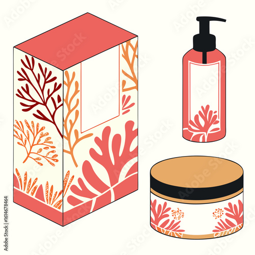 “Vector packaging set: coral-inspired branding mockups (soap box, label, jar) with gold foil effect”
