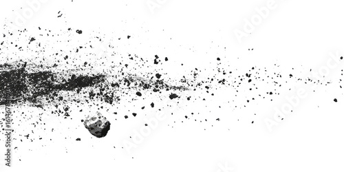 PNG. A line of small black particles on white background, with an asteroid in the upper left corner. The debris is scattered across all three edges and has no shadows or reflections