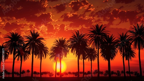 The silhouette of date palm trees against a fiery orange sunset