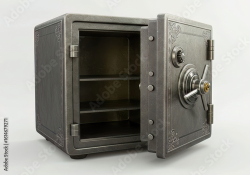 Ornate heavy metal safe with decorative engravings and combination lock, standing open on a clean white background.