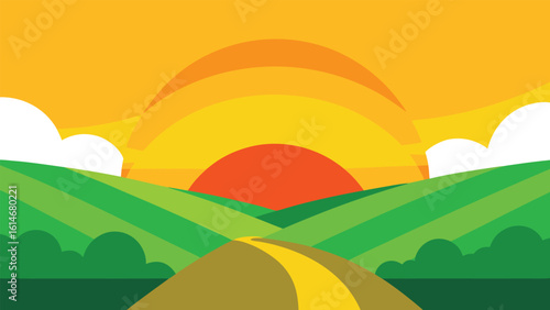 Rolling green hills with a winding path leading to a vibrant sunrise