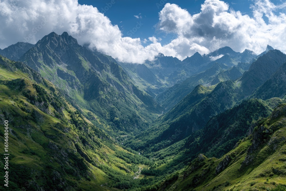 Fototapeta premium Panoramic view of a lush green valley nestled between majestic mountains under a partly cloudy sky