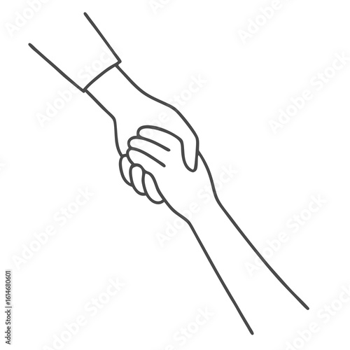 Two hands holding, symbolizing support, unity and partnership in a simple line art style on white background