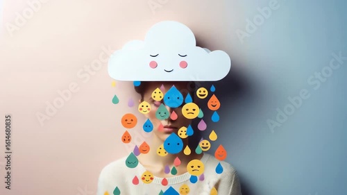 Colorful cloud raining emotions with smiley faces on model's head  