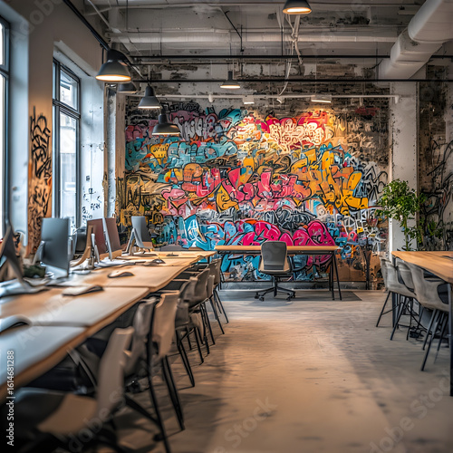 Creative open-plan office interior with vibrant graffiti art on a brick wall background