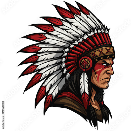 Native American Chief in Profile with Headdress and War Paint