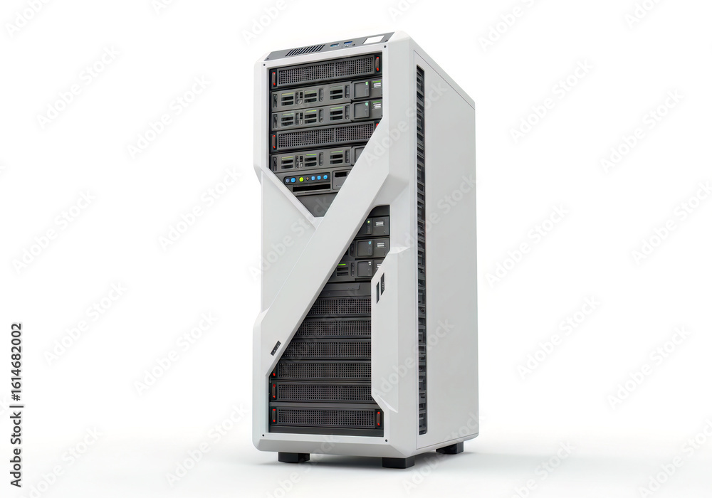 Fototapeta premium Sleek White Enterprise Server Rack Standing Tall, Showcasing Advanced Data Storage and Computing Power