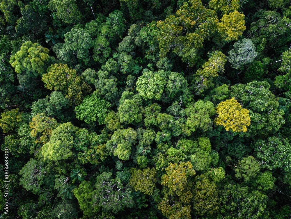 Fototapeta premium Aerial view of lush, dense rainforest canopy