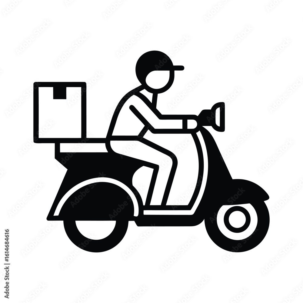 Black and white icon of a person riding a scooter with a package delivery Black and white icon of a person riding a scooter with a package delivery