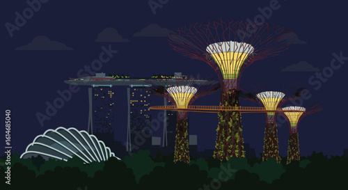 he iconic Supertrees of Singapore glow brightly in the night, symbolizing innovation, sustainability, and futuristic architecture in the heart of the city.