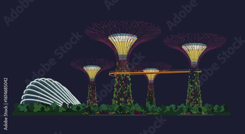 he iconic Supertrees of Singapore glow brightly in the night, symbolizing innovation, sustainability, and futuristic architecture in the heart of the city.