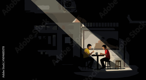 Two people sit and talk at a dimly lit kopi tiam (coffee shop), captured in a beam of light. This cinematic moment reflects daily life, simplicity, and human connection in Singaporean culture